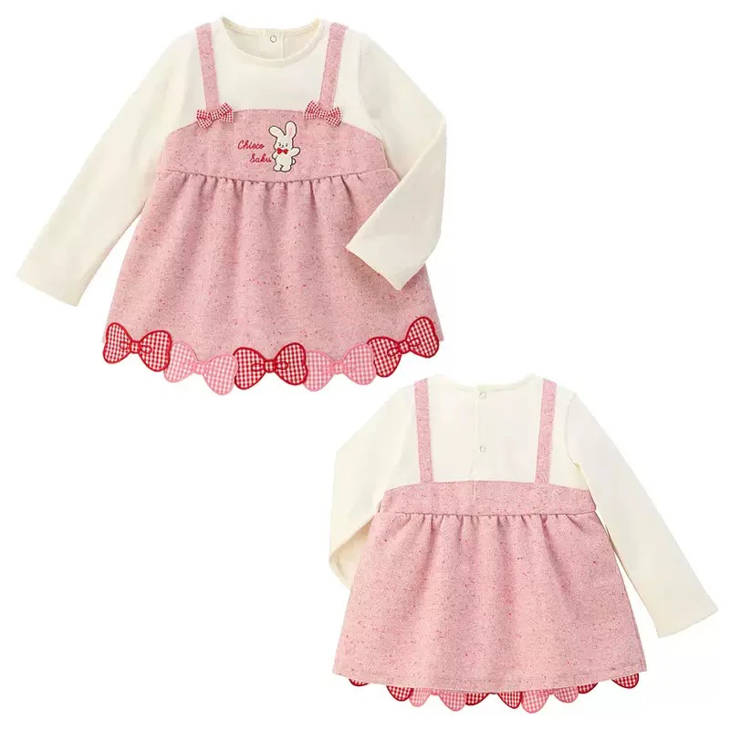 【25秋冬新品】女童卡通小兔蝴蝶结假两件背带长袖T恤裙 女宝娃娃衫