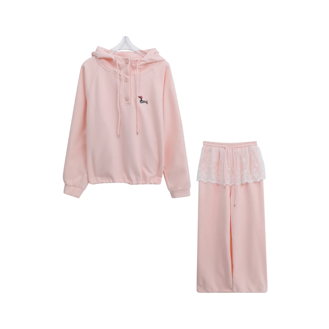 温柔甜美连帽上衣阔腿蕾丝装饰长裤套装C14077