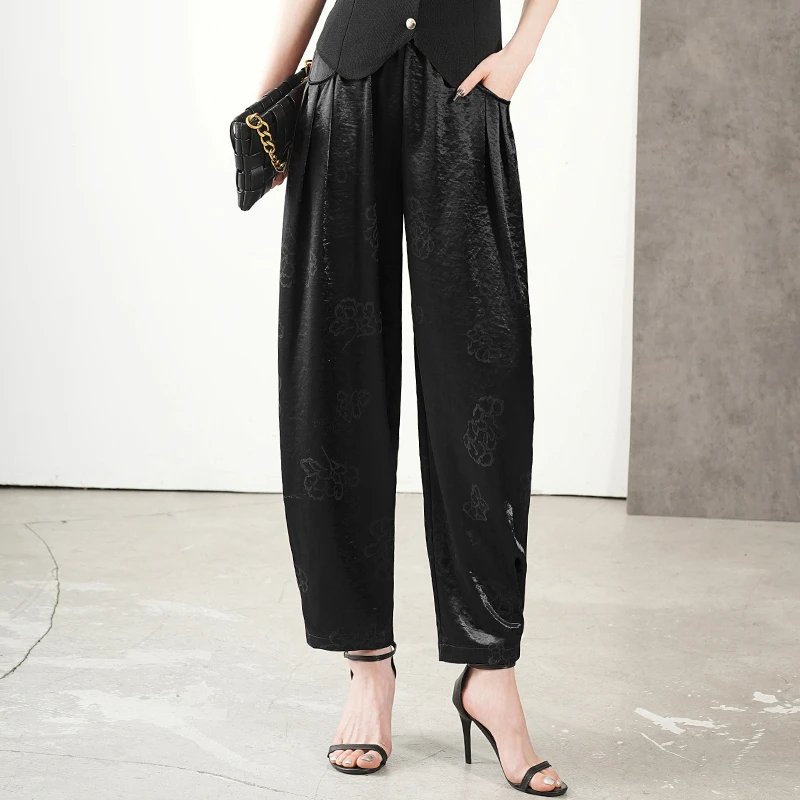 2025夏季薄款垂感缎面提花宽松哈伦裤中年妈妈女裤灯笼裤九分裤子