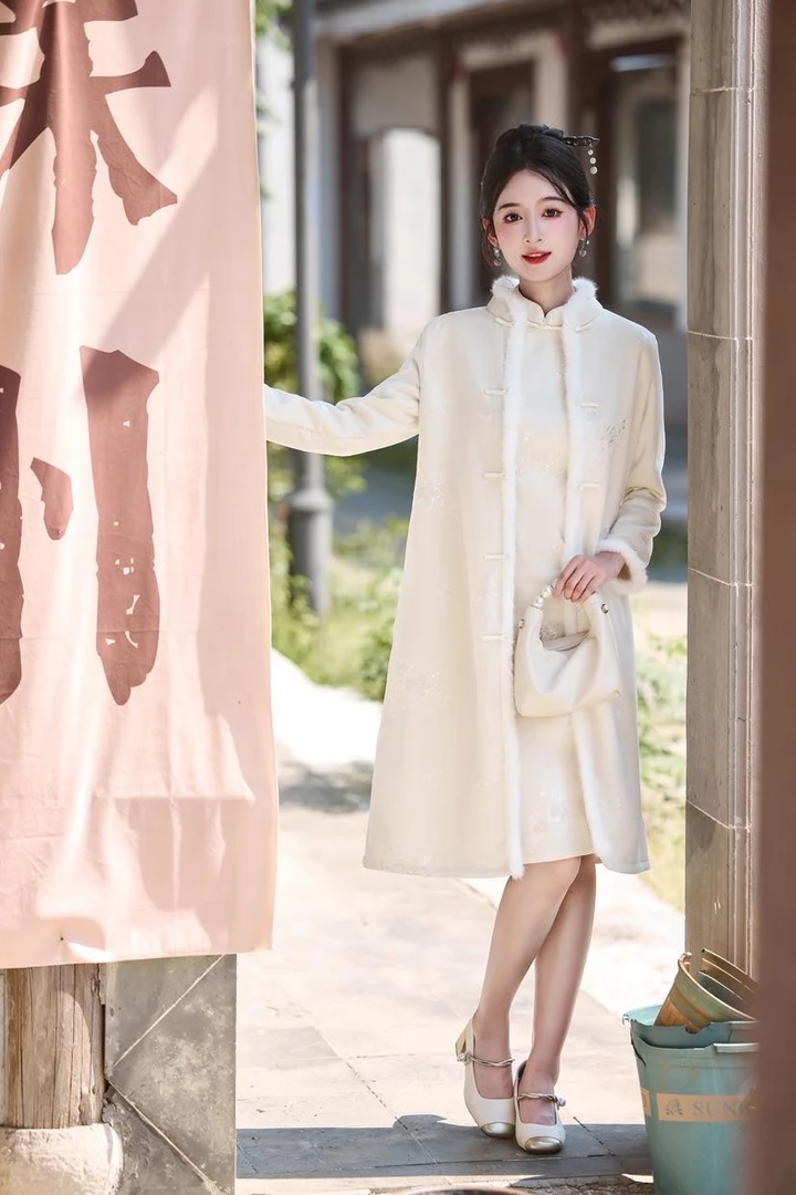 【红颜如霜】粉色加绒厚大衣麂皮绒外套搭配新中式旗袍国风唐装外披