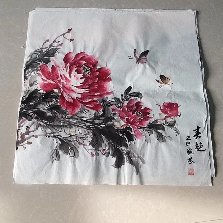 国画三尺斗方手绘牡丹