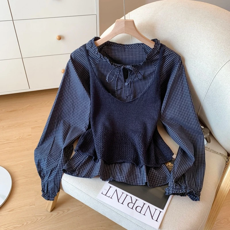 2025秋新款时尚设计感花边领格子长袖衬衫+针织吊带马甲两件套女