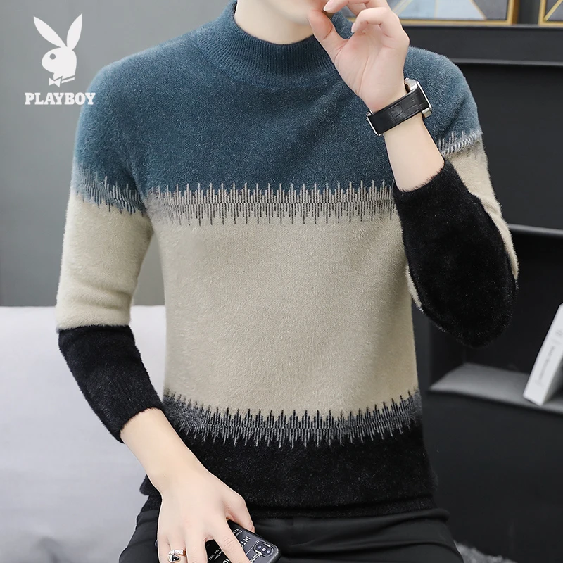 花花公子男士半高领毛衣青年韩版潮流加绒加厚针织打底衫保暖衣服