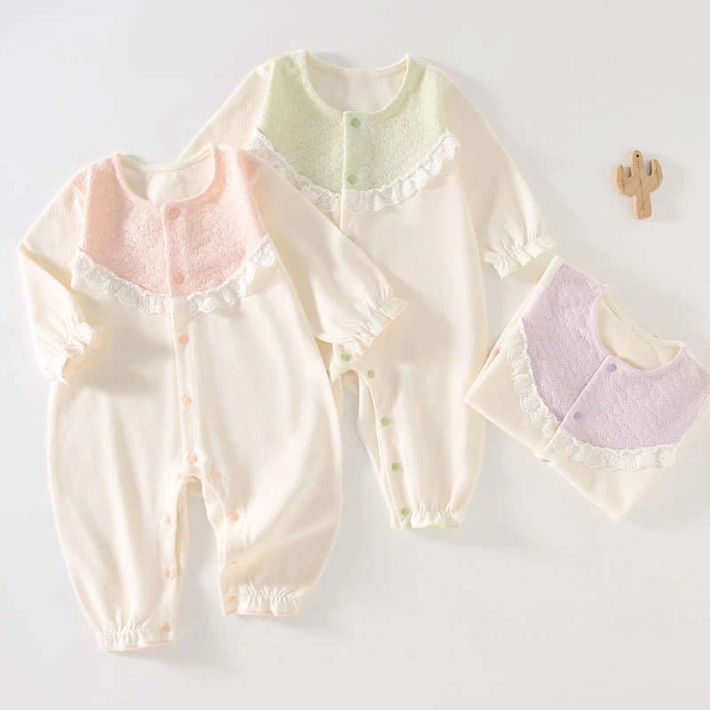 春秋纯棉婴儿连体衣洋气蕾丝边女宝宝哈衣爬服可爱新生儿衣服送礼