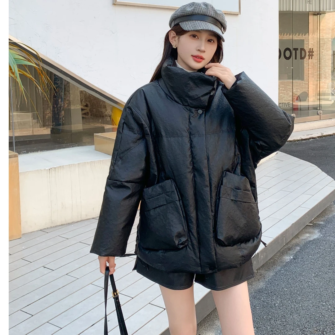 大理石纹90新国标白鸭绒皮羽绒服立领加厚休闲宽松黑色外套68F03