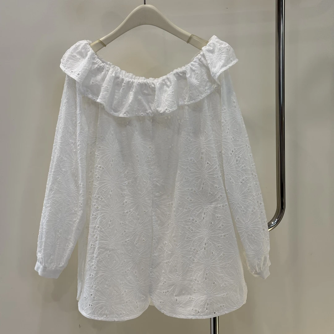 【塔鹿蕾】25年升级版可一字肩荷叶边长袖镂空上衣CD074