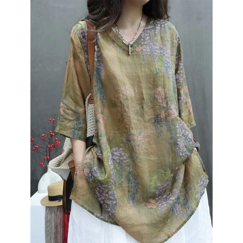 2025夏季新款苎麻印花复古休闲衬衫宽松V领中袖中长款文艺衬衫裙