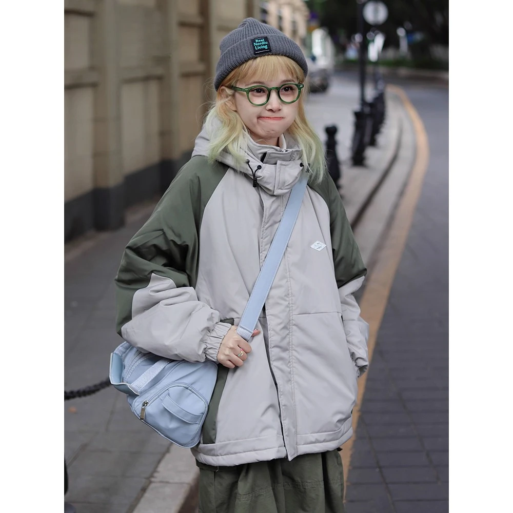 德国新款女夹克棉服宽松工装休闲百搭冬季拼接连帽保暖冲锋衣棉衣