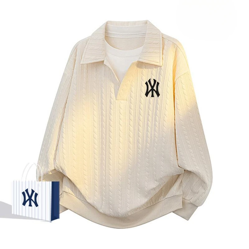 【高档欧货】假两件条纹翻领卫衣男士春秋新款POLO衫高街潮流上衣