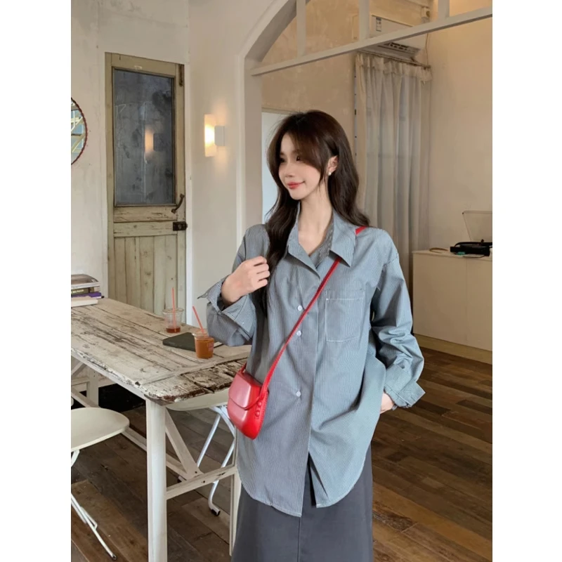 2025春季设计感不规则条纹长袖衬衫休闲复古简约半身裙两件套装女