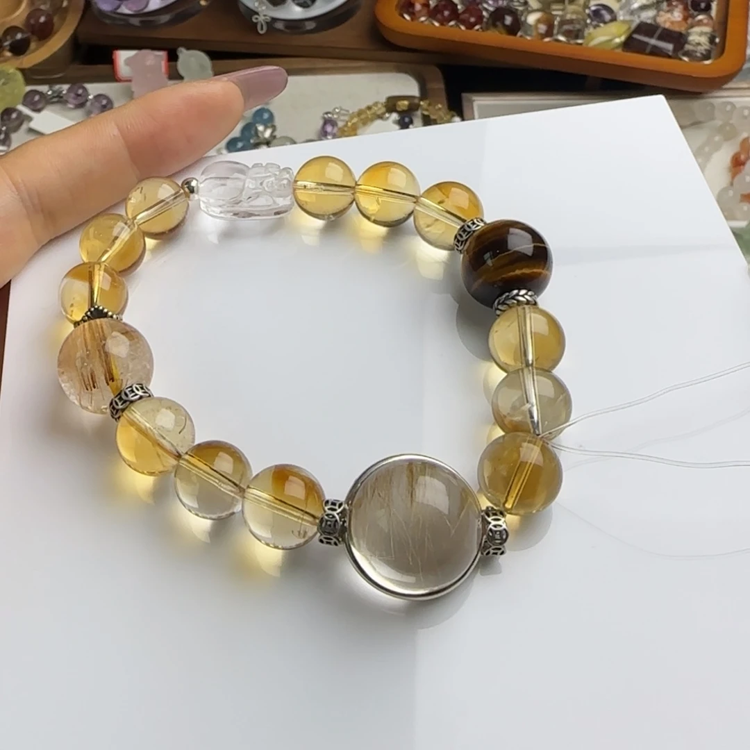 黄晶手链银S925镶嵌黄水晶白水晶貔貅金发晶