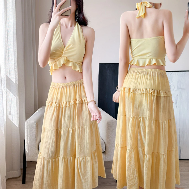 【小蛮腰】性感辣妹三亚度假游泳衣女V领高腰大长裙分体遮肉泳装