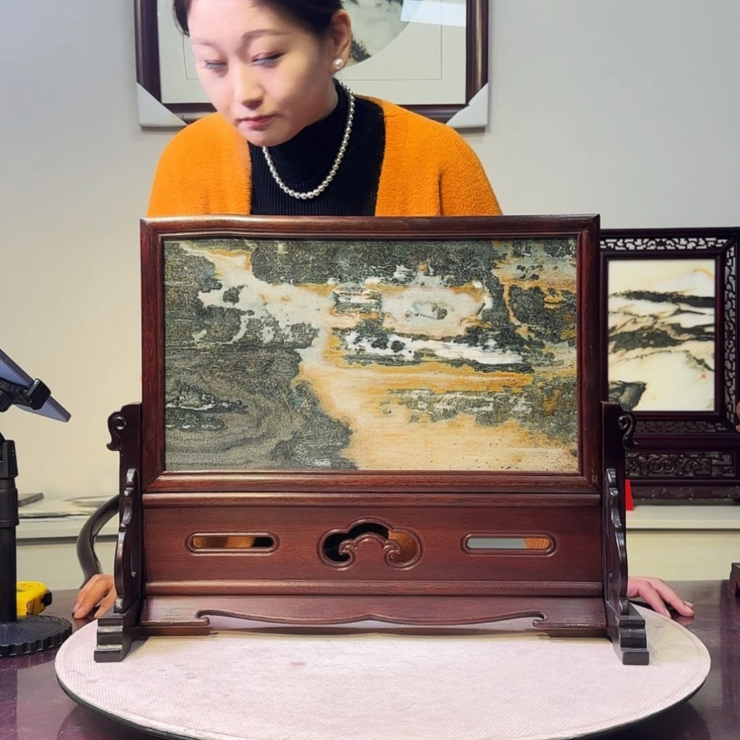 石材49×39天然大理石画屏风摆件