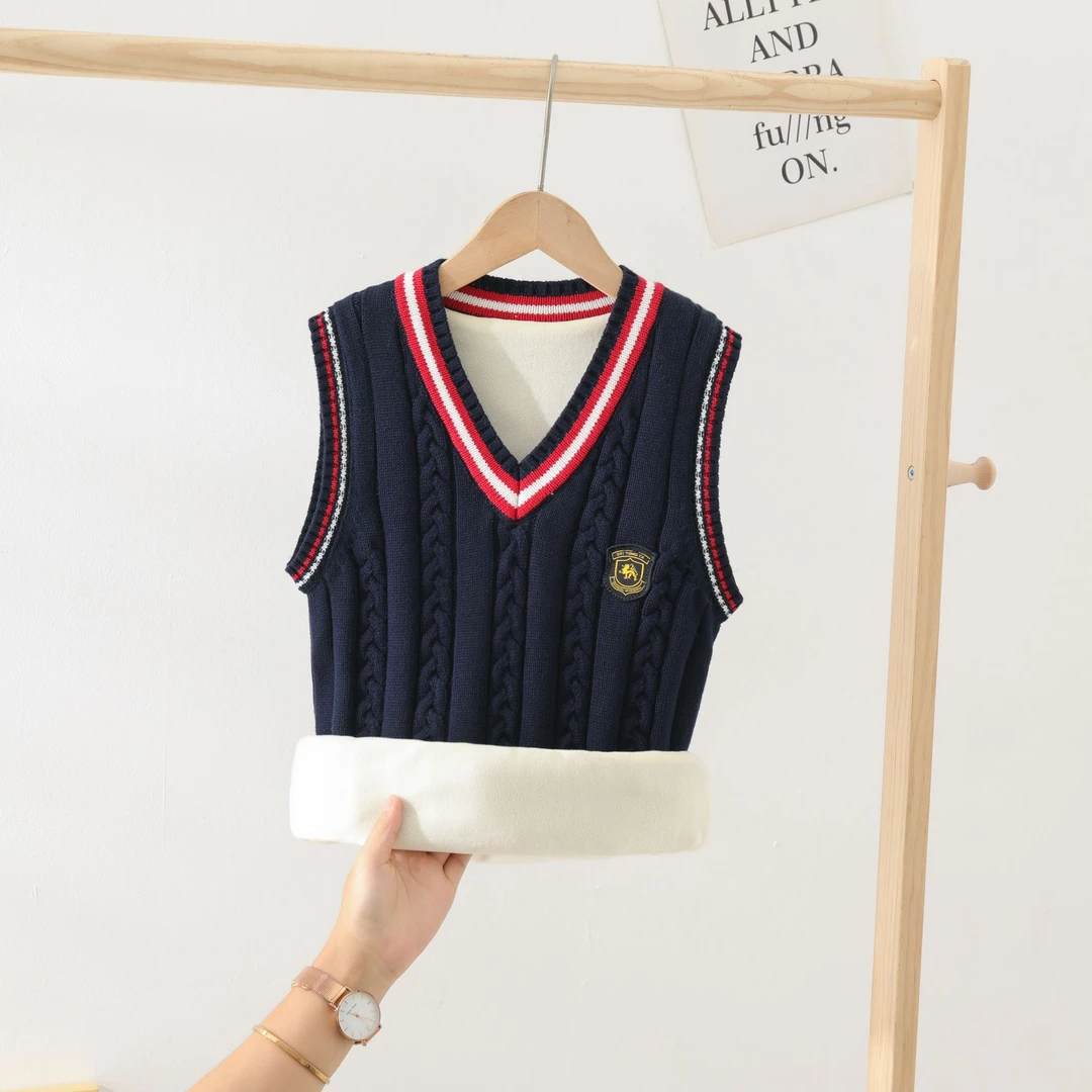 麻花款男厚款马甲藏青针织男童背心坎肩毛衣秋冬加绒保暖加厚