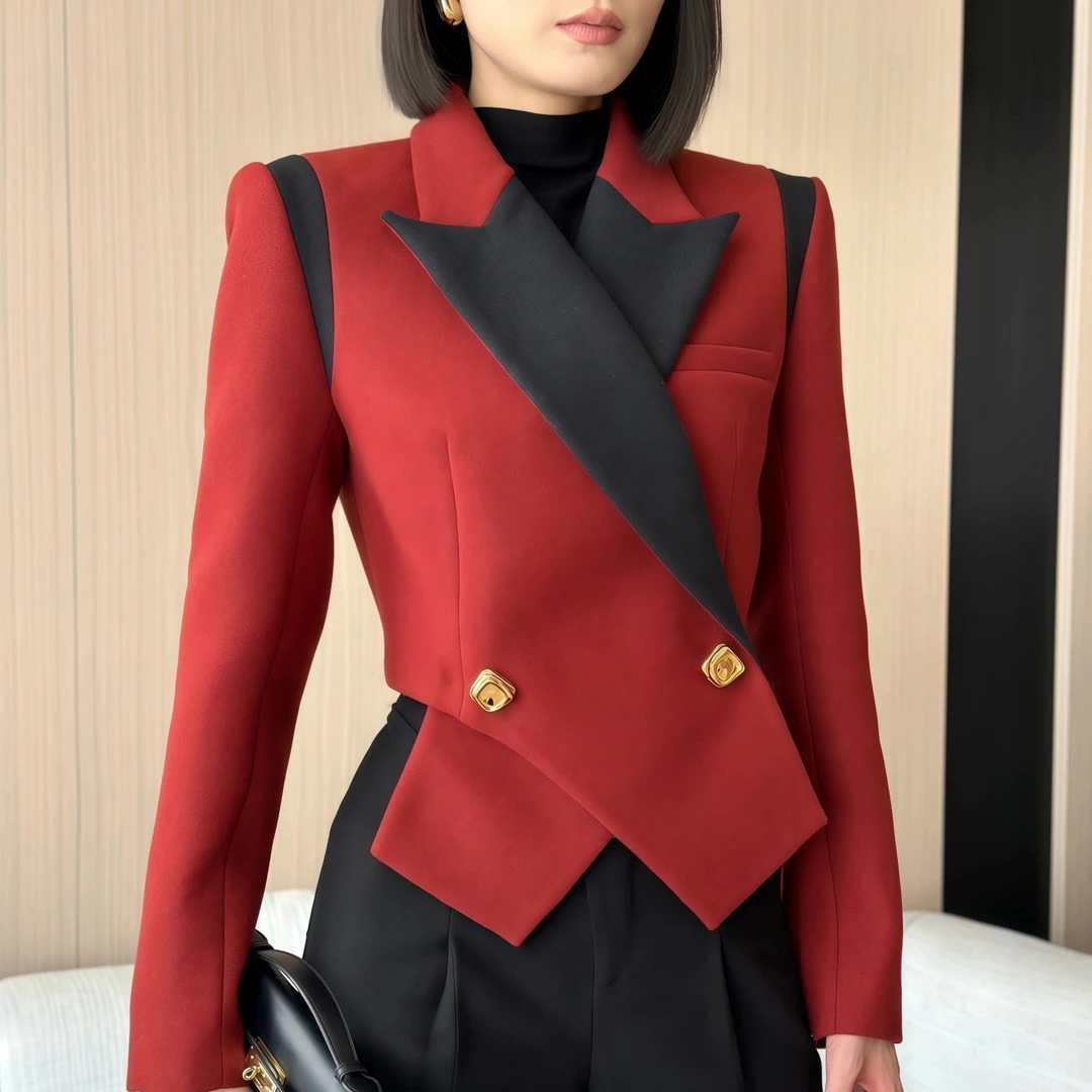 慧老板 原创设计拼接西装外套秋冬新款礼服修身显瘦设计感35445