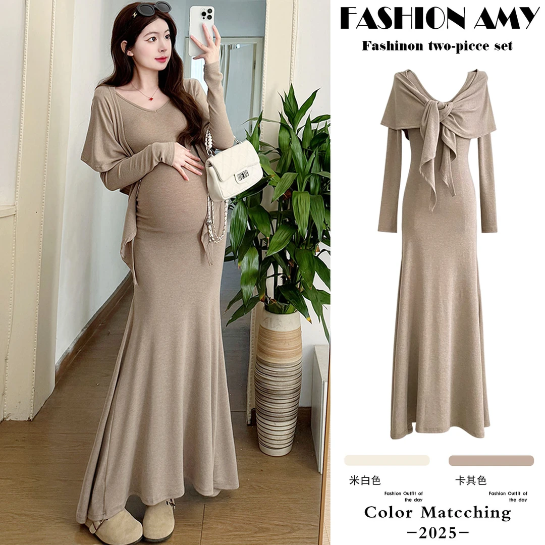 孕妇连衣裙春装新款时尚韩版气质高级感辣妈显瘦针织披肩U领长裙