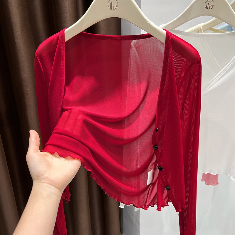 红色气质冰丝网纱长袖开衫女夏连衣裙外搭披肩薄款微透空调房罩衫
