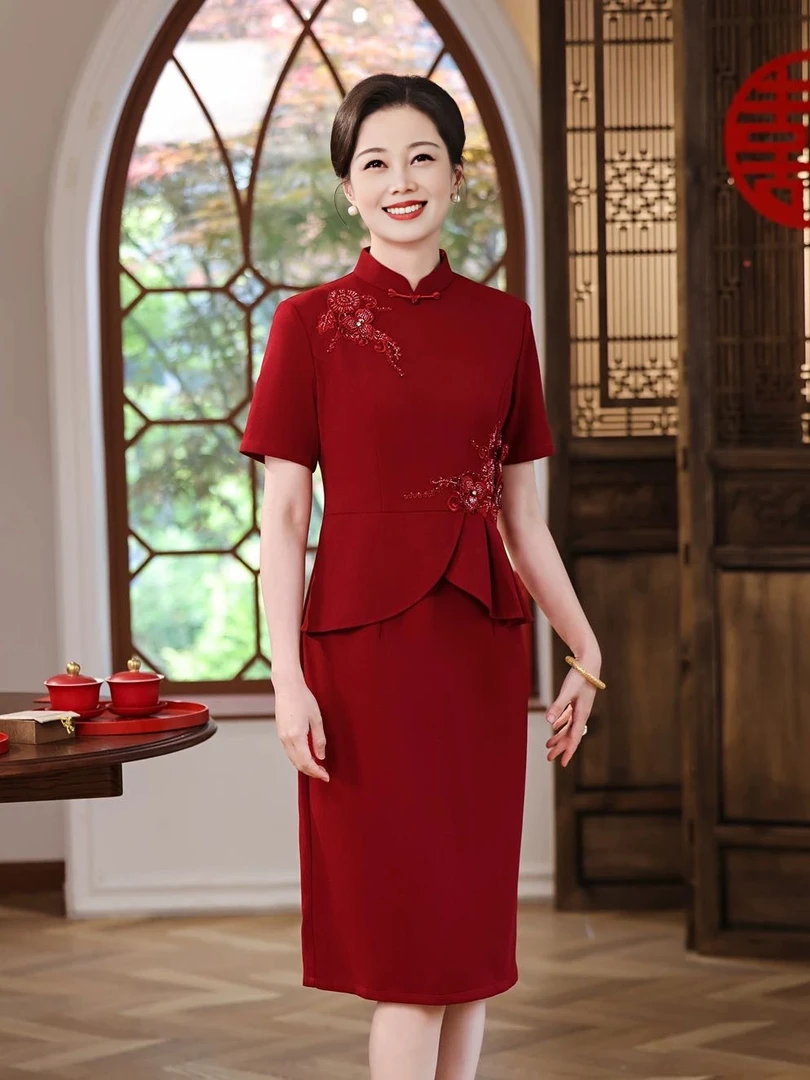 （锦上添花）婆婆高端宴会气质优雅修身显瘦遮肚子假两件旗袍婚宴