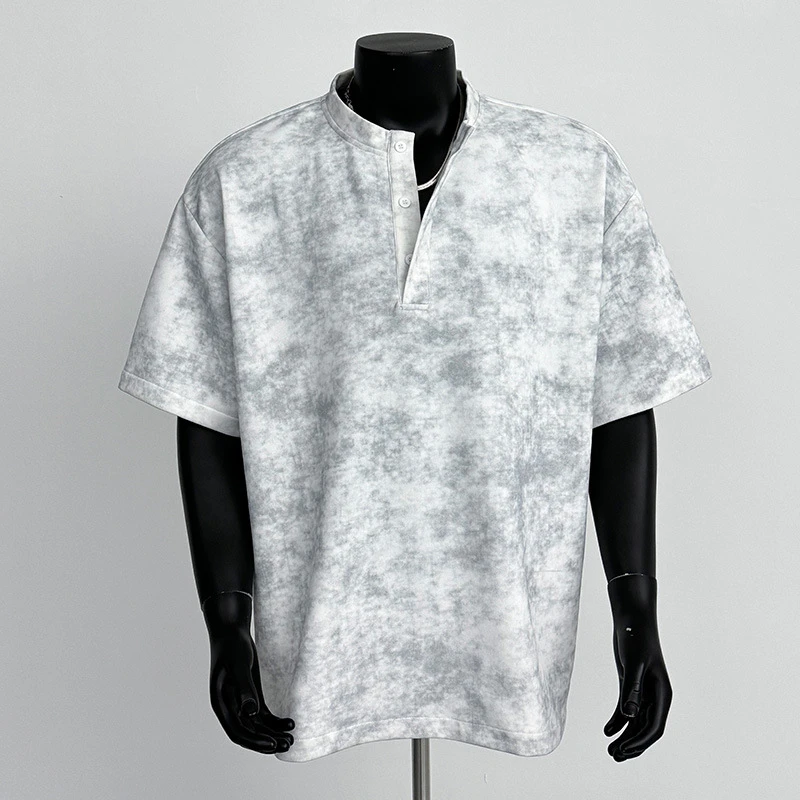 亨利领扎染短袖t恤男生美式高街大码上衣夏季男士男条纹长袖t恤