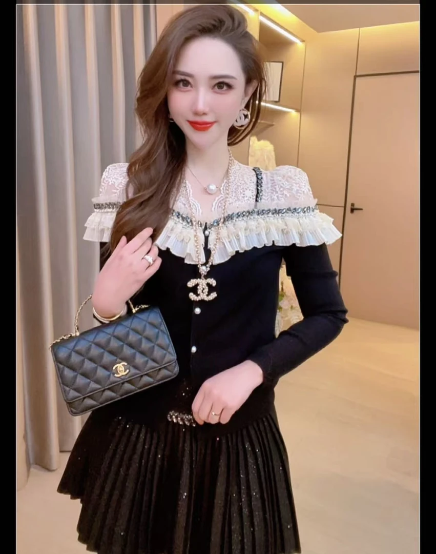 【繁花】重工钉珠拼接蕾丝轻奢百搭显瘦针织开衫上衣