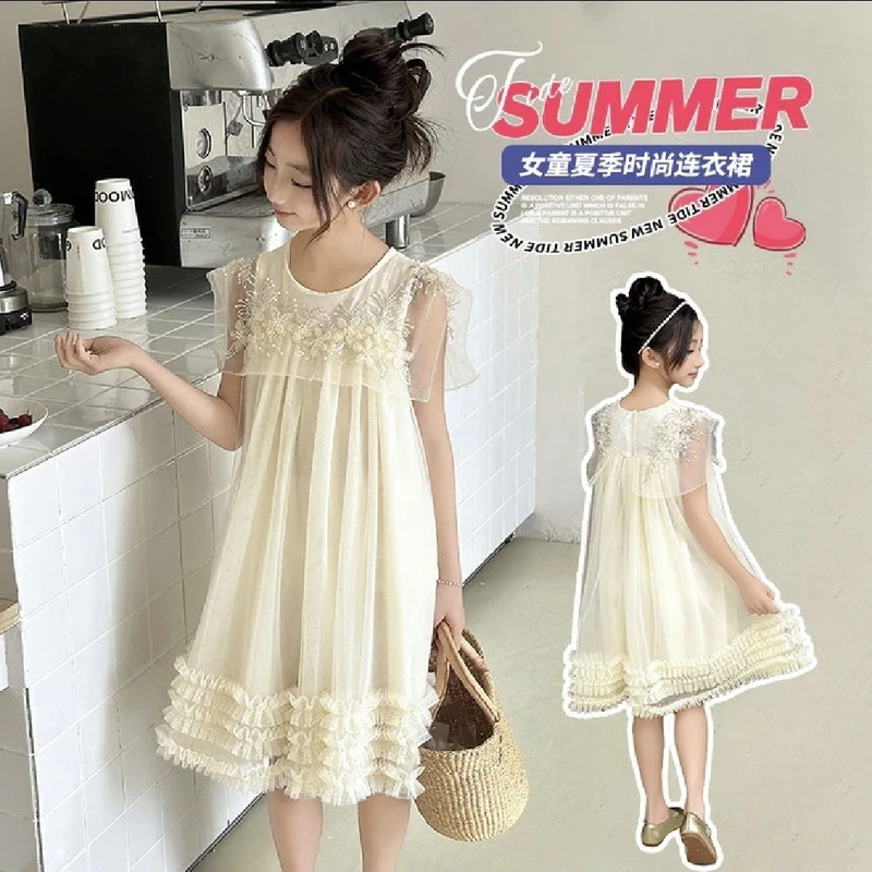 LCLML【裙子】儿童夏季无袖提花捏皱网纱连衣裙8806