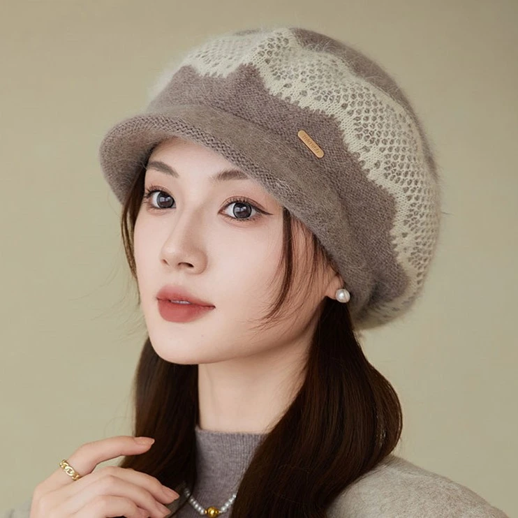 拼色保暖毛线帽女加绒加厚短檐防寒针织帽子韩版休闲妈妈鸭舌帽