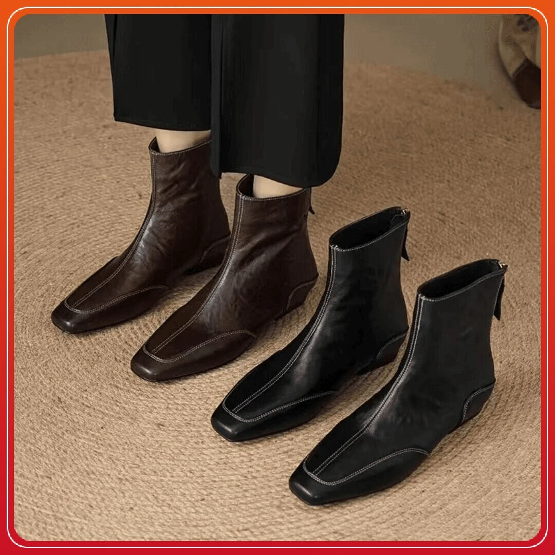 法式复古软羊皮方头瘦瘦靴女秋冬新款百搭中低跟后拉链短靴马丁靴