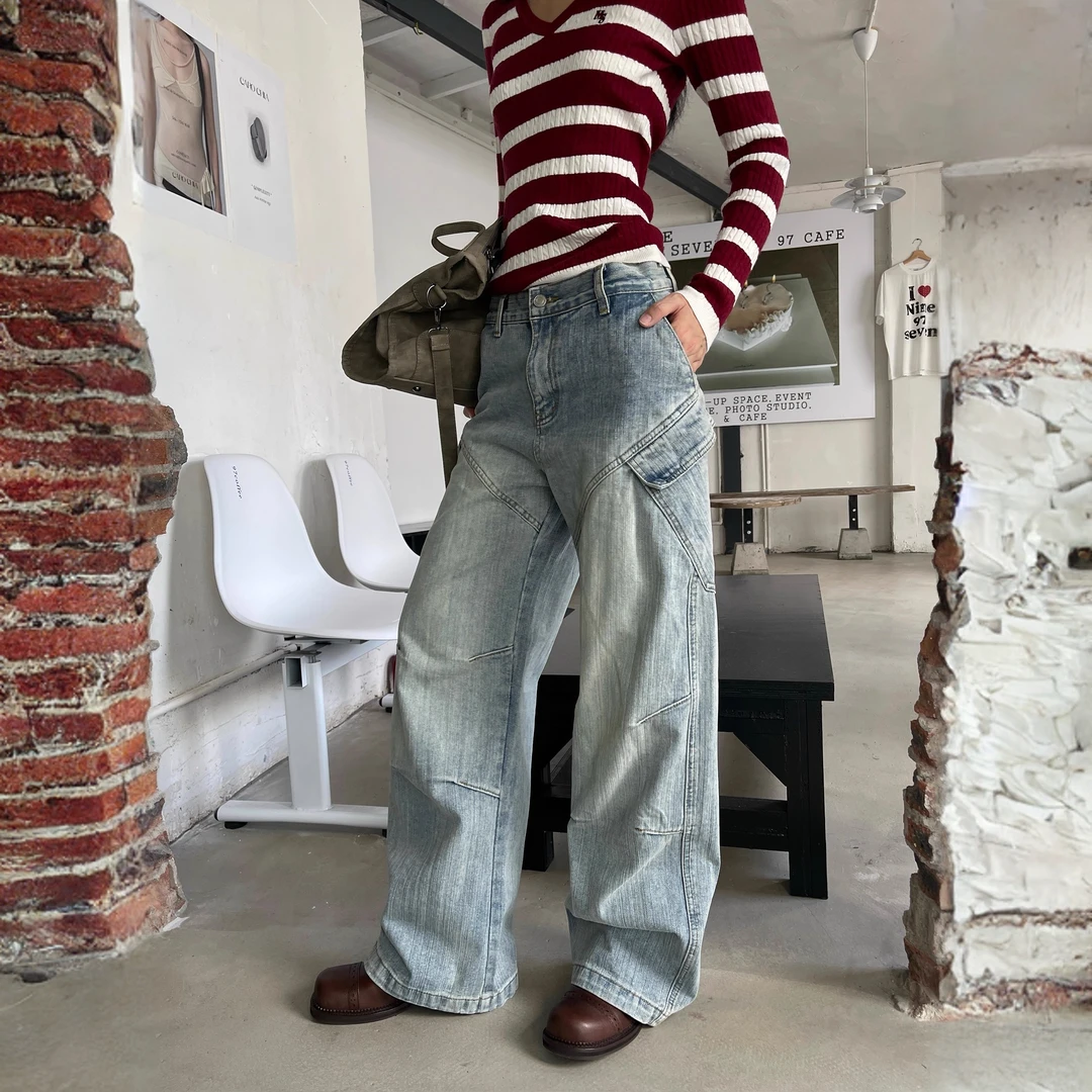 大码美式复古解构小众设计宽松牛仔裤女秋季街头辣妹阔腿直筒裤子