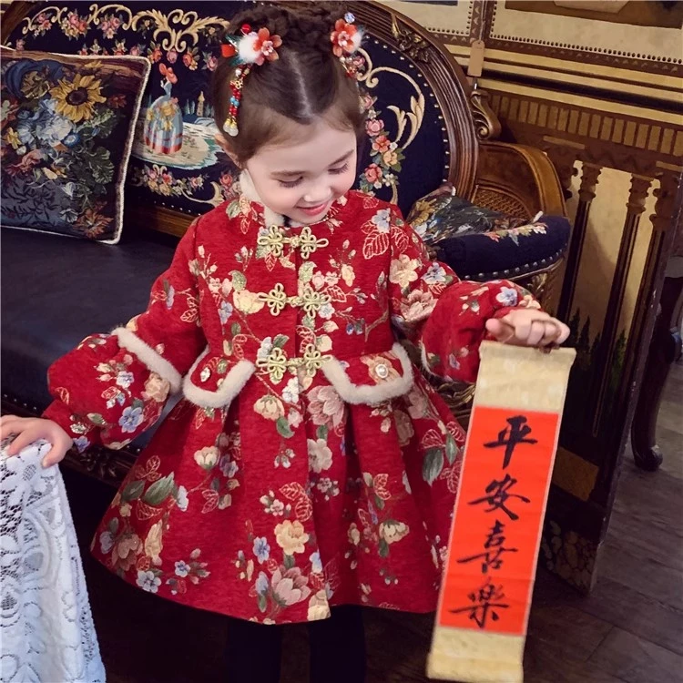 【现货】米米哈罗女童拜年服中国风红色连衣裙旗袍裙 D240180