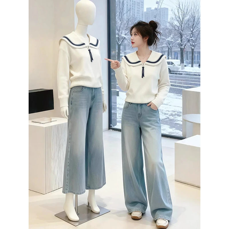 学院风米白色海军领软糯针织衫毛衣女2026洋气慵懒风巨好看套装