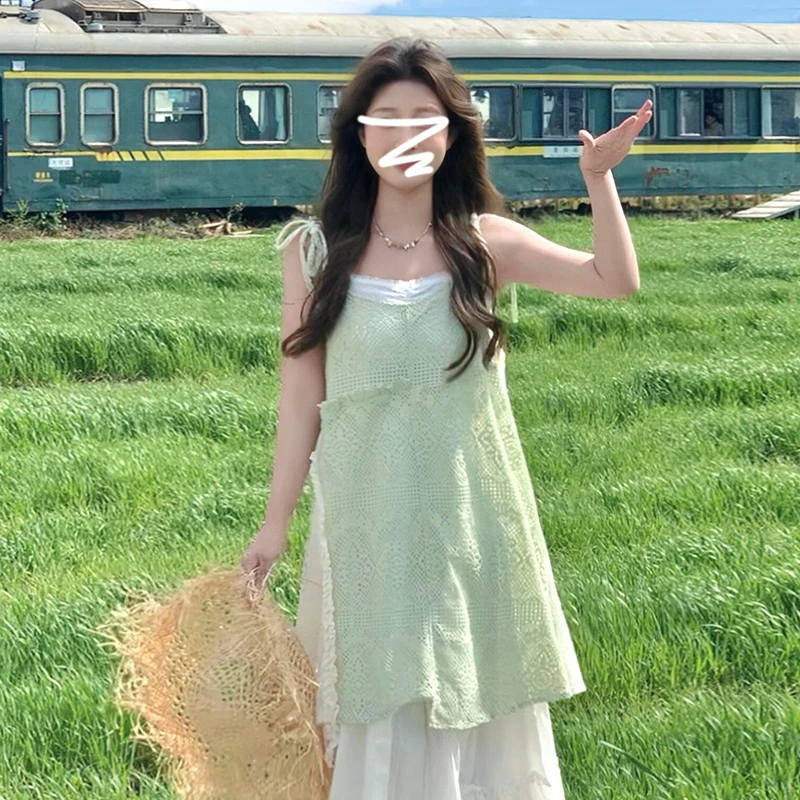 1203新款女小个子法式气质吊带连衣裙子绝美海边度假收腰长裙