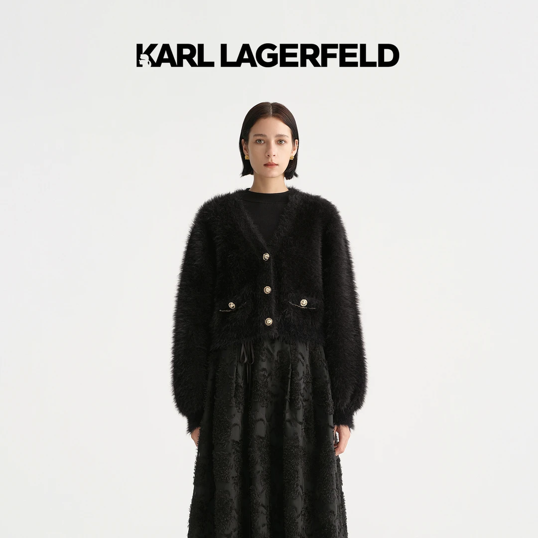 【若谷专属】KARLLAGERFELD早秋链条装饰双袋长毛针织开衫E37W2021