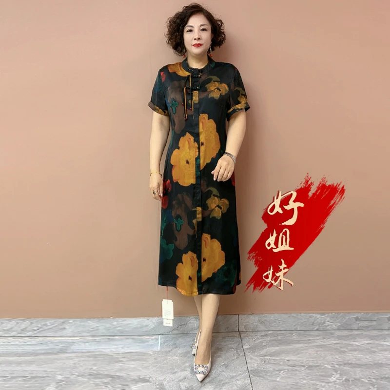 H夏季新款新中式国风时尚中老年妈妈真丝连衣裙遮肚子过膝长裙