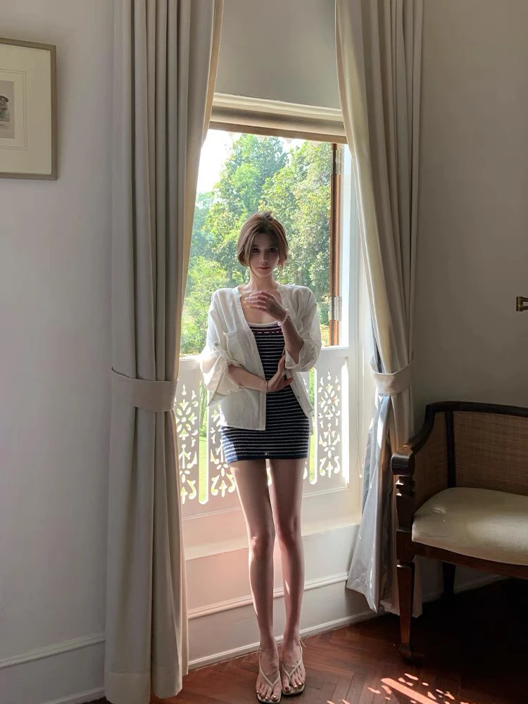 JUJU长岛海风连衣裙春撞色条纹吊带裙显瘦包臀短款裙子