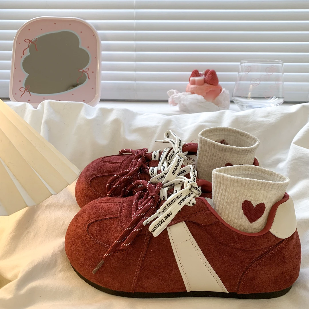 厚底内增高红色德训鞋女2025秋季新款百搭运动女鞋复古拼色阿甘鞋