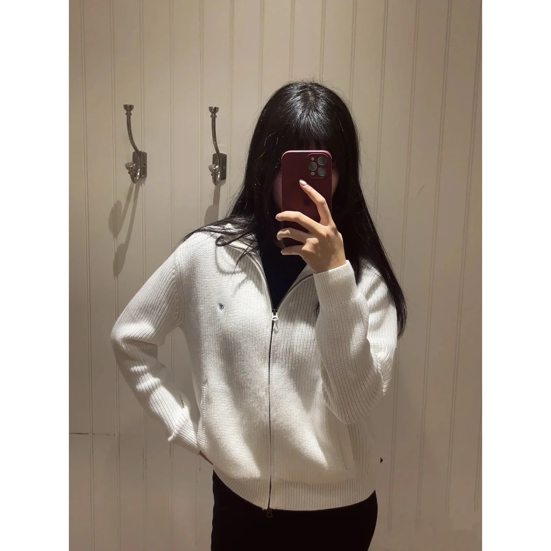 917-1# 小马刺绣男女同款 拉链简约2色针织开衫外套