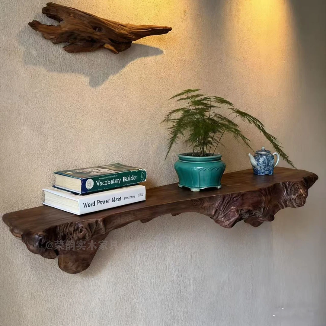 侘寂风实木自然边一字隔板置物架卧室装饰书架墙上壁挂隔板定制