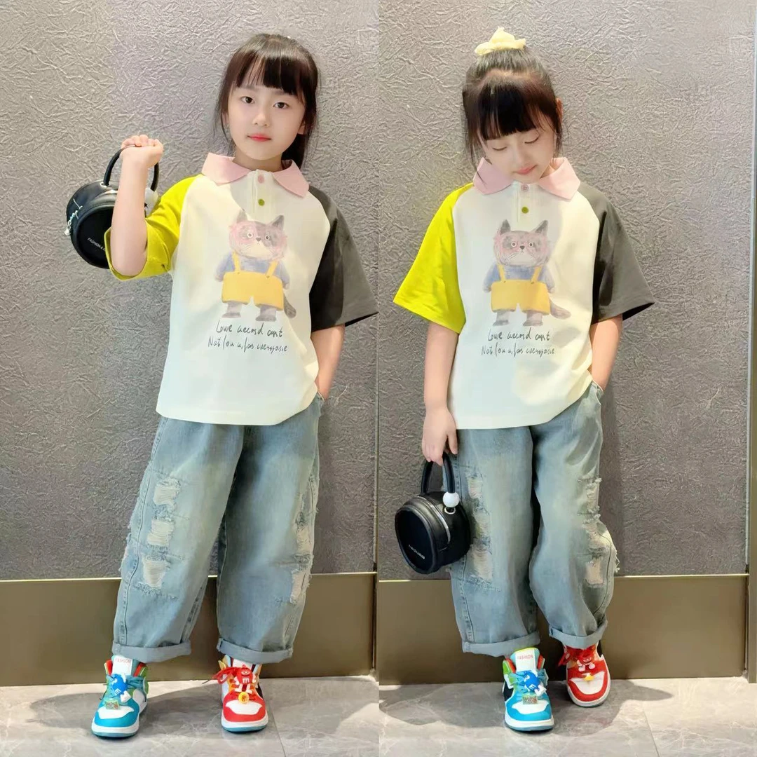 女童夏日T恤2025新款洋气儿童女孩休闲韩系穿搭女大童牛仔裤