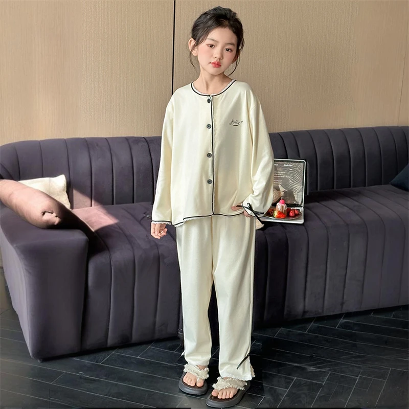 女童居家排湿吸汗公主风家居服套装开衫韩版休闲风2025春秋睡衣
