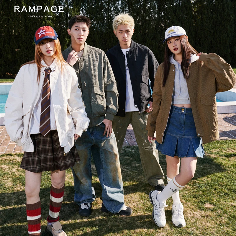 RAMPAGE春秋季潮流时尚百搭宽松休闲发泡褶皱棒球领外套夹克男女