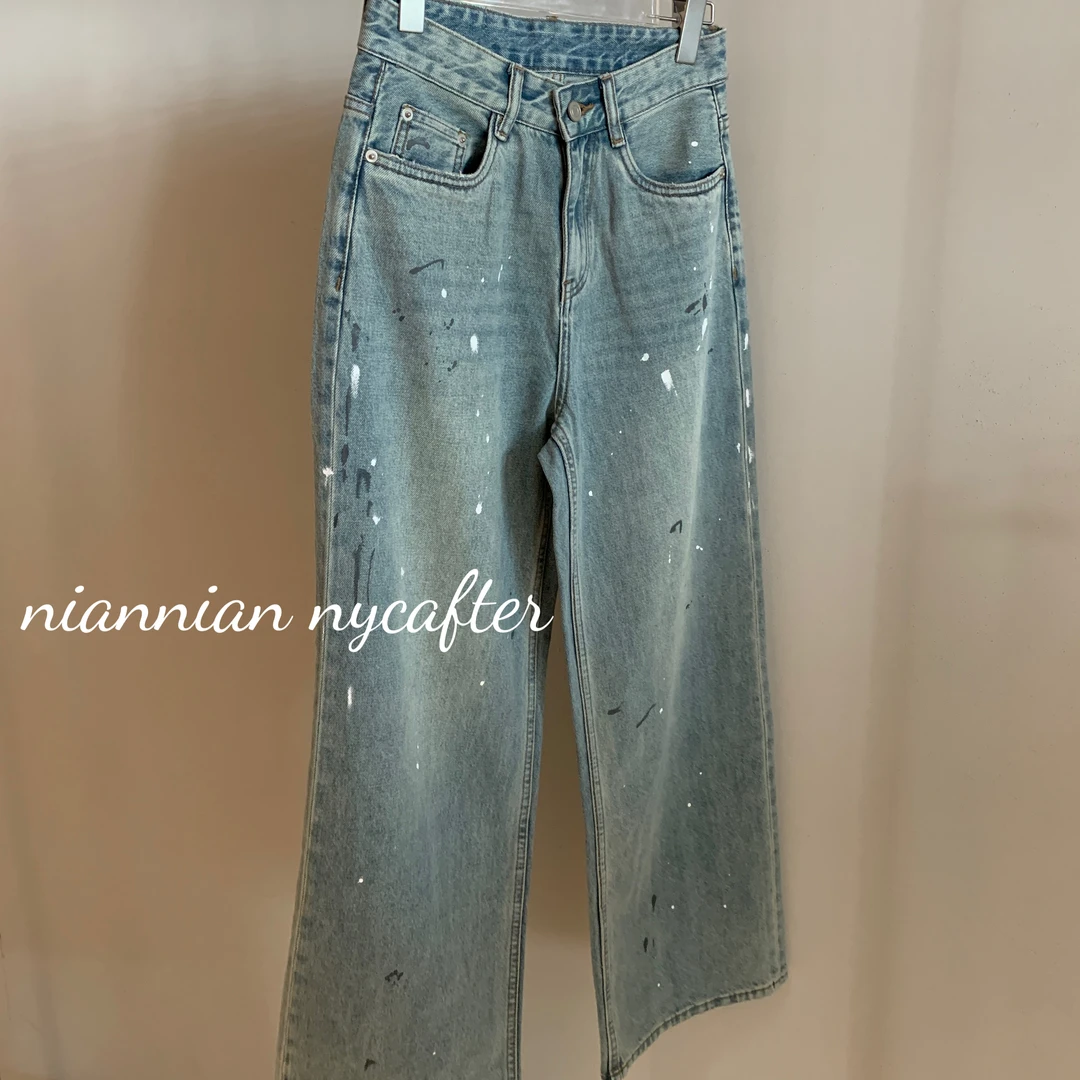 [春夏2025][夏款]泼墨牛仔裤高腰直筒阔腿裤牛仔裤yy2001