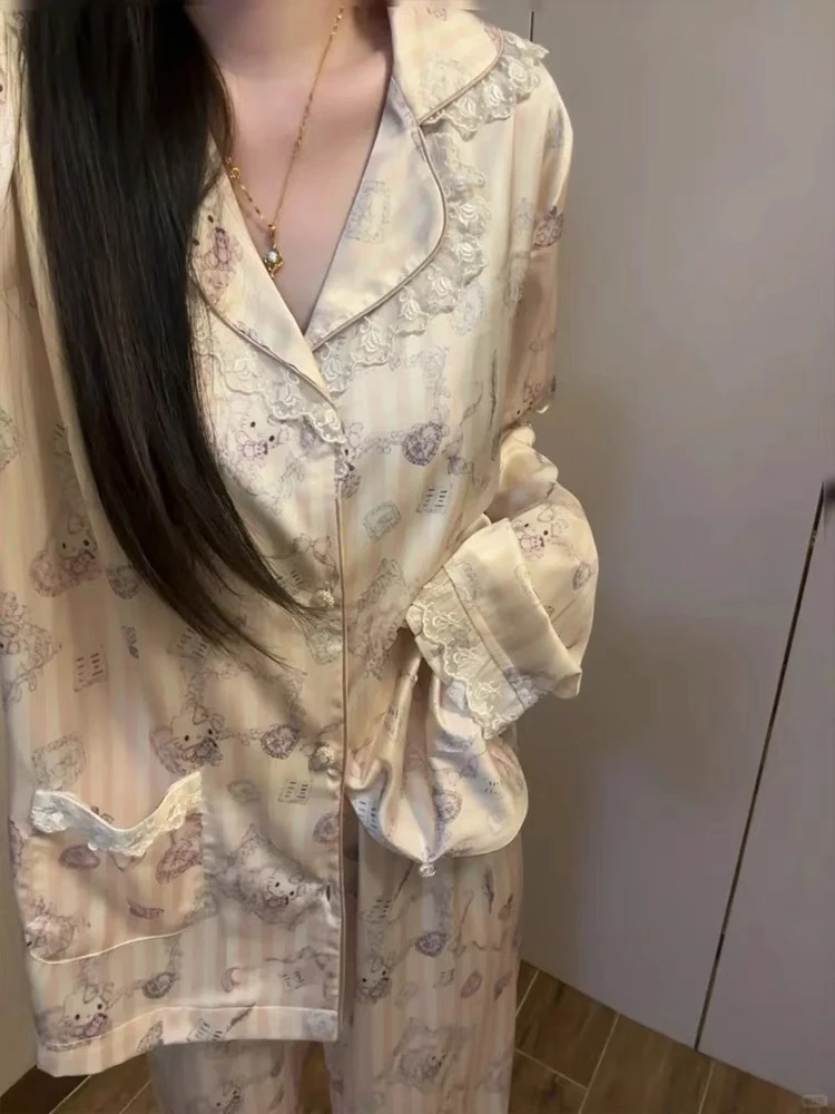 蕾丝花边kitty网红凯蒂猫冰雪丝睡衣女春秋款2025新款套装家居服