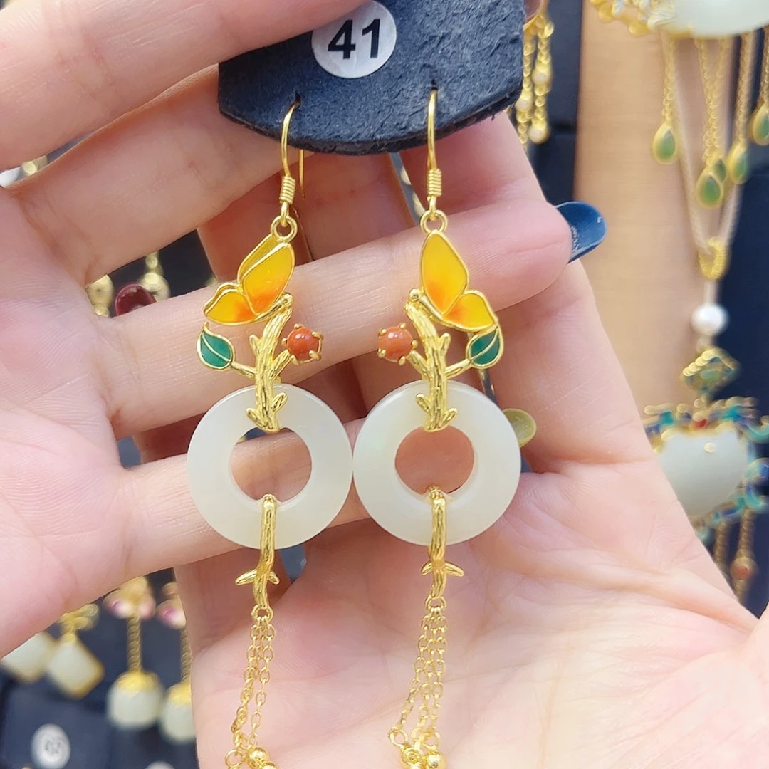 和田玉银S925镀金镶嵌耳饰