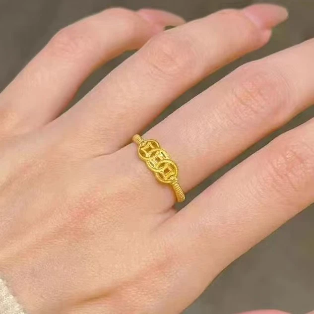金钱币有钱在手戒指 黄铜镀金越南金活口指环时来运转手饰