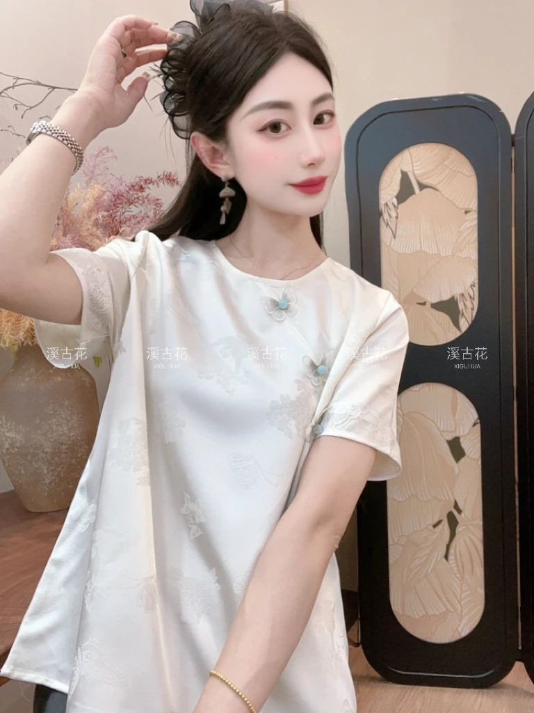 【度华年】春夏新中式短袖女高级上衣日常T恤圆领气质时尚