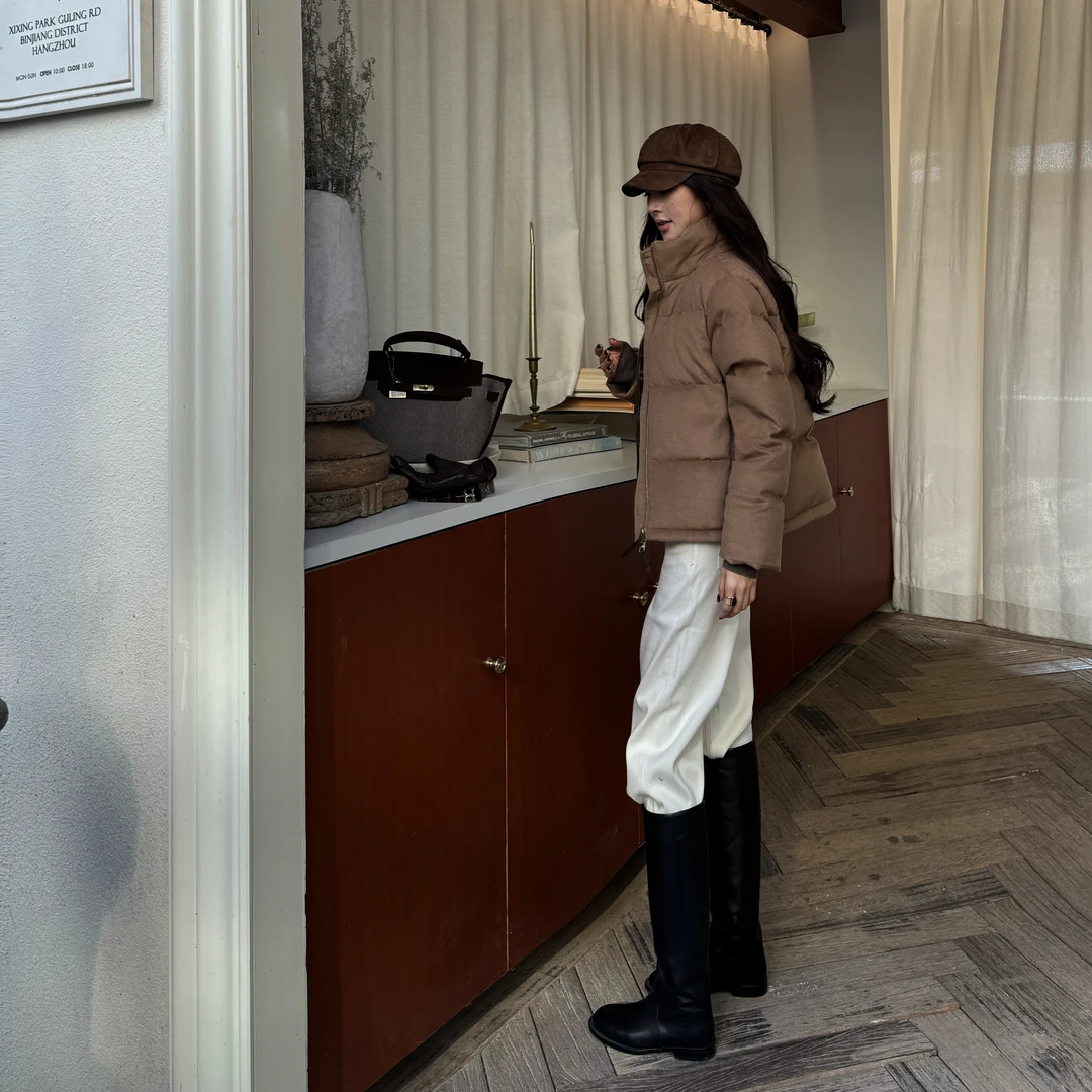 R-HER“浅棕核桃”白鹅绒卡其时尚羊绒羊毛拼接格纹连帽羽绒服Y9883