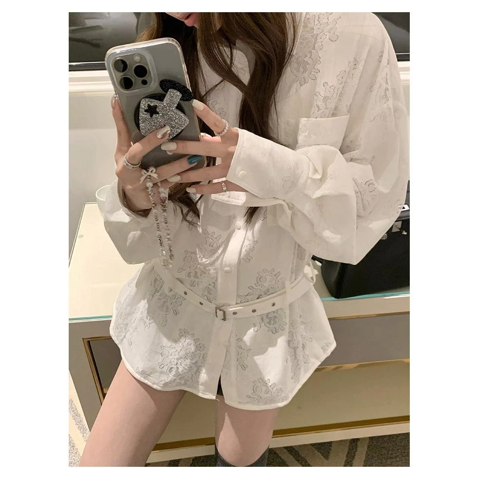 一忘皆空 法蕾女孩'浪漫蕾丝腰带衬衫春季气质宽松衬衣白色上衣HD