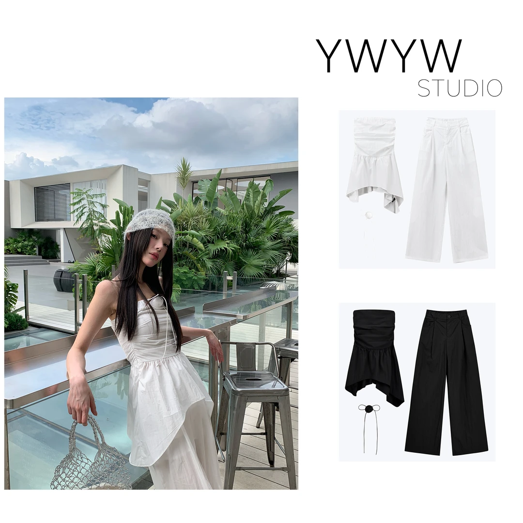 【福利款NO退换】不规则修身抹胸上衣+胸花配饰+休闲裤三件套5022