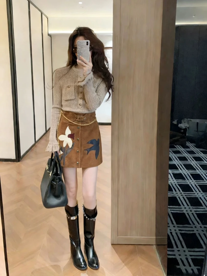 2026春季新款复古风独特链条装饰小众高级感针织衫上衣印花a字裙