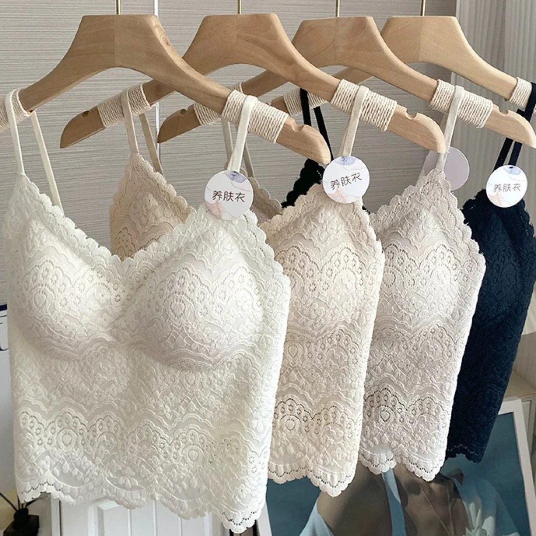 早秋新品2205蕾丝磨毛吊带一体固定杯内搭背心